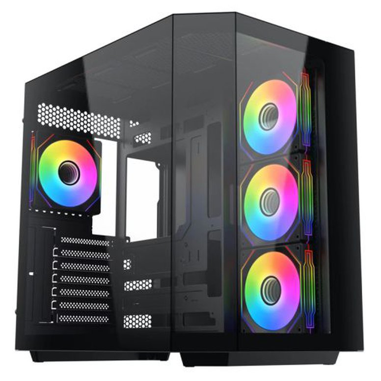 Vida Edge Black ARGB Gaming Cube Case w/ Glass Side, Front & Corner, ATX, 4x ARGB PWM Fans, 6-Port Fan Hub & Remote Control, Asus BTF Compatible