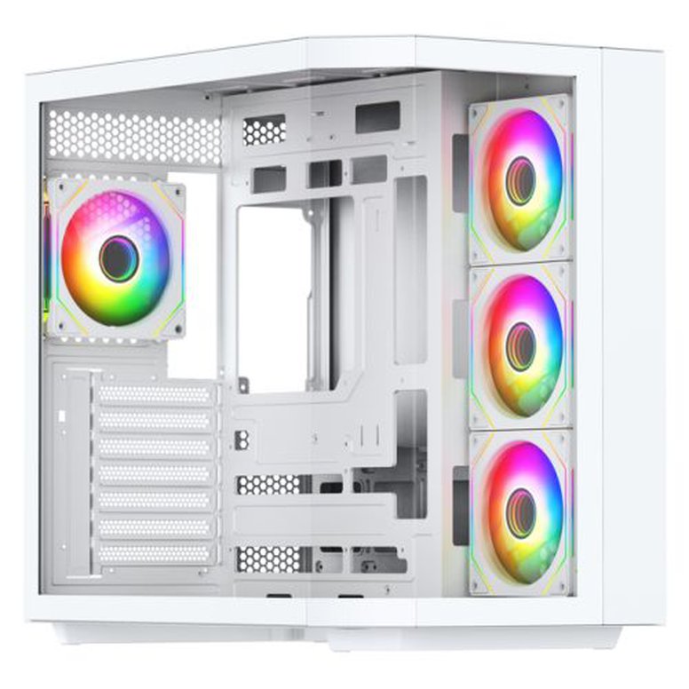 Vida Edge White ARGB Gaming Cube Case w/ Glass Side, Front & Corner, ATX, 4x ARGB PWM Fans, 6-Port Fan Hub & Remote Control, Asus BTF Compatible