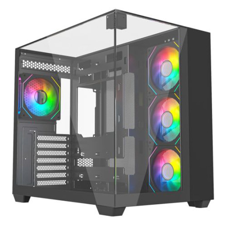 Vida Visio Black ARGB Gaming Cube Case w/ Glass Side, Front & Top, ATX, 4x ARGB PWM Fans, 6-Port Fan Hub & Remote Control, USB-C, Asus BTF Compatible