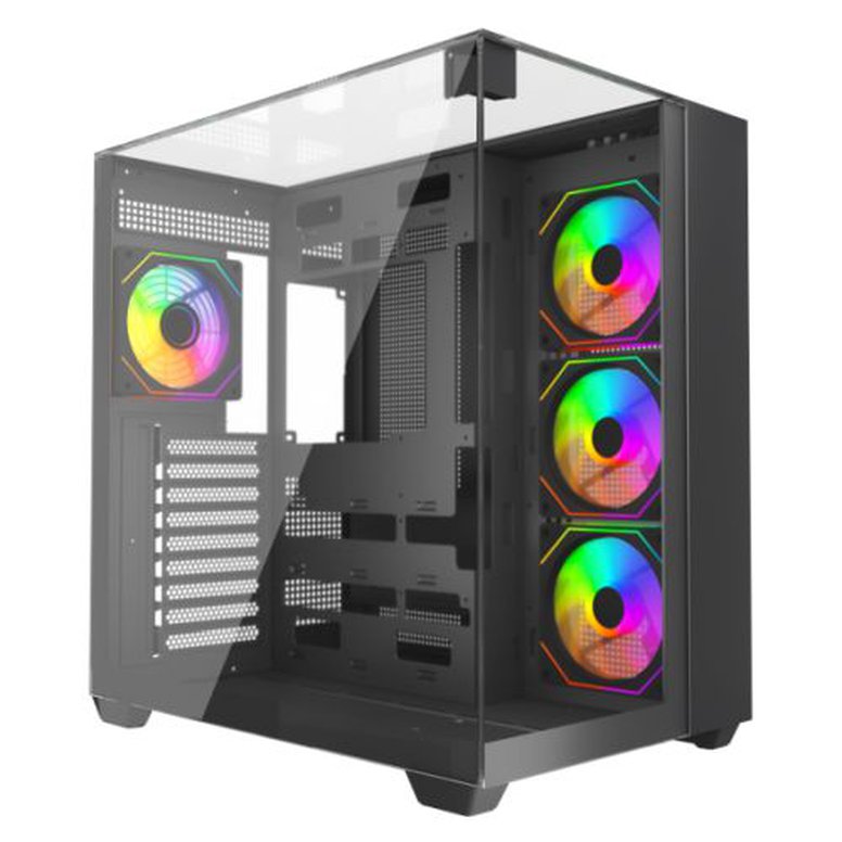 Vida Visio Black ARGB Gaming Cube Case w/ Glass Side, Front & Top, ATX, 4x ARGB PWM Fans, 6-Port Fan Hub & Remote Control, USB-C, Asus BTF Compatible