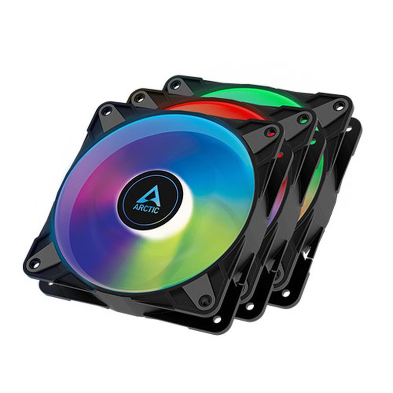 Arctic 12cm P12 Pressure Optimised PWM PST ARGB Case Fans (3 Pack), Fluid Dynamic, 12 LEDs, 0-2000 RPM, 0dB Mode, Black
