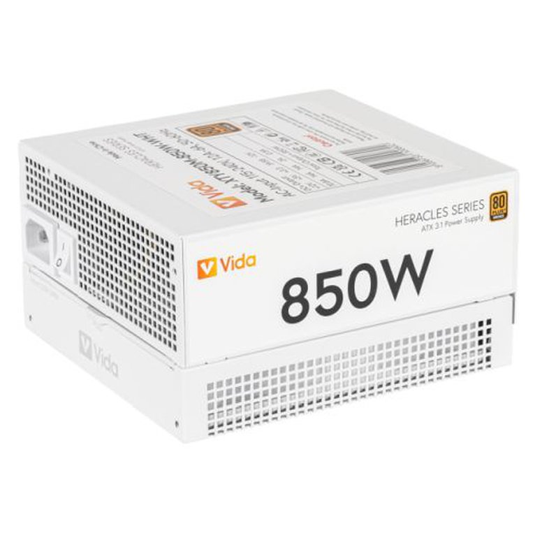 Vida 850W Heracles White ATX 3.1 Gaming PSU, 80+ Bronze, 140mm Ultra-Quiet FDM Fan, Flat White Cables, PCIe 5.1, Power Lead Not Included